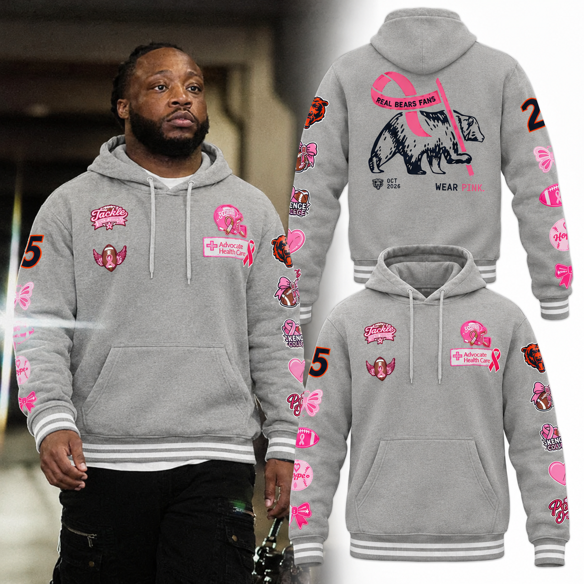 Chicago Bears Breast Cancer Awareness Hoodie - Real Bears Fans Wear Pink Grey Bomber Letterman