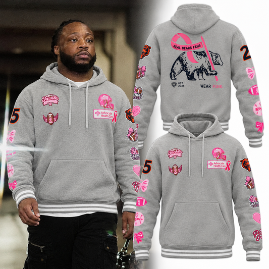 Chicago Bears Breast Cancer Awareness Hoodie - Real Bears Fans Wear Pink Grey Bomber Letterman