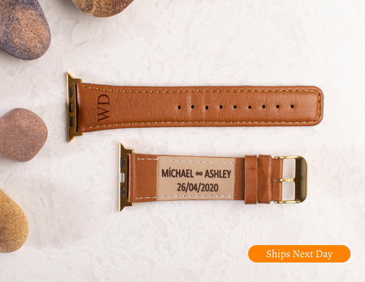 Personalized Leather Apple Watch Band: Custom Engraved iWatch Strap