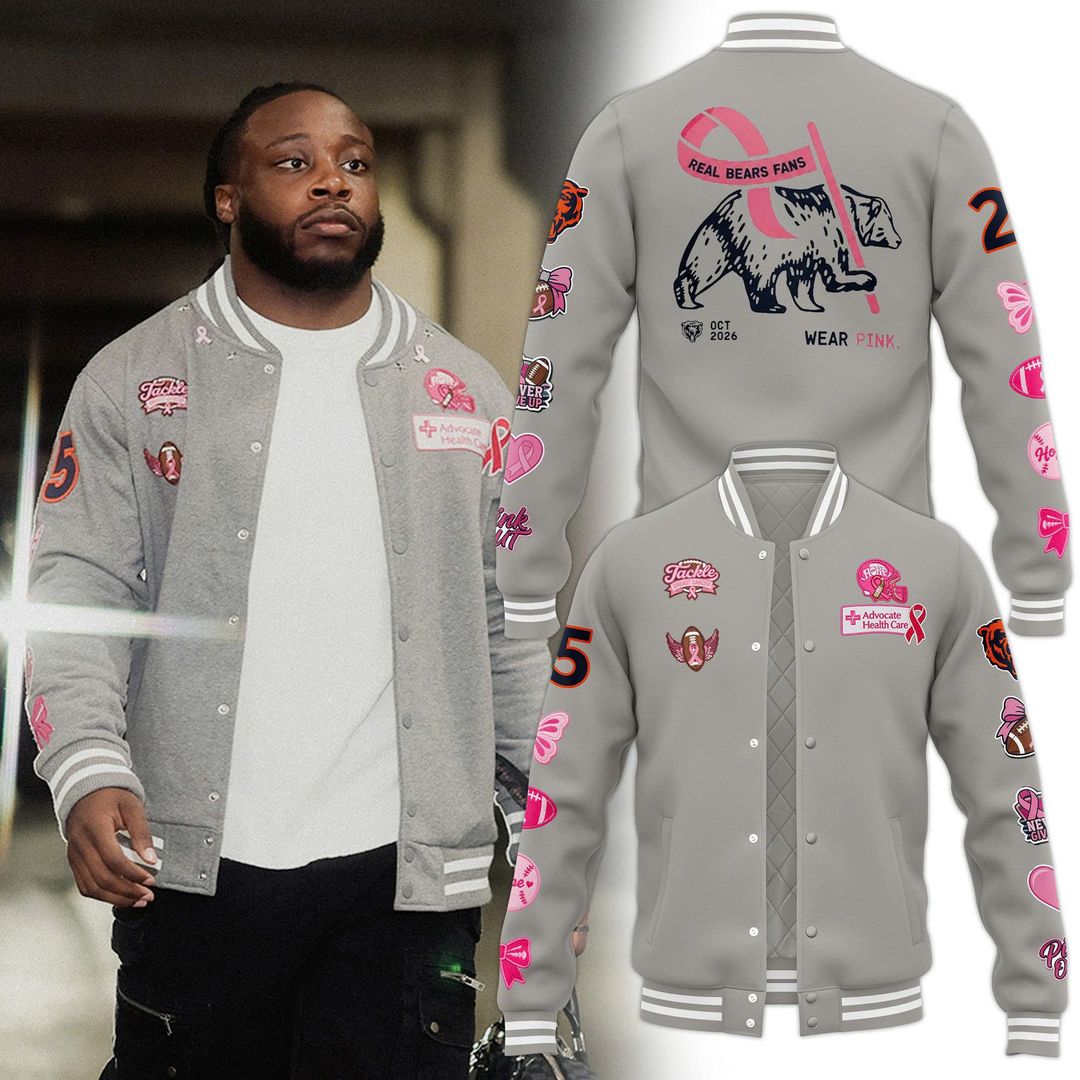 Chicago Bears Breast Cancer Awareness Varsity Jacket - Real Bears Fans Wear Pink Grey Bomber Letterman Jacket