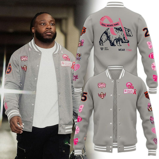 Chicago Bears Breast Cancer Awareness Varsity Jacket - Real Bears Fans Wear Pink Grey Bomber Letterman Jacket