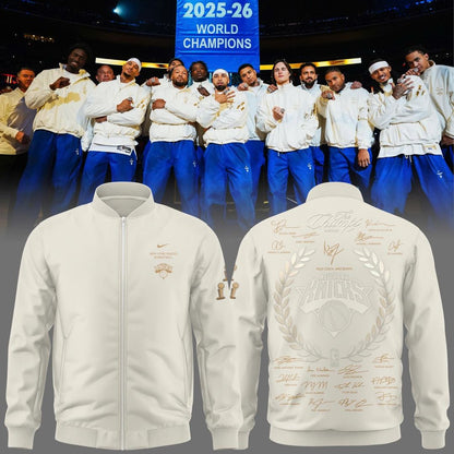 Exclusive New York Knicks 2026 NBA Finals Champions Standard Issue Full-Zip Jacket Team Signatures Print - Cream
