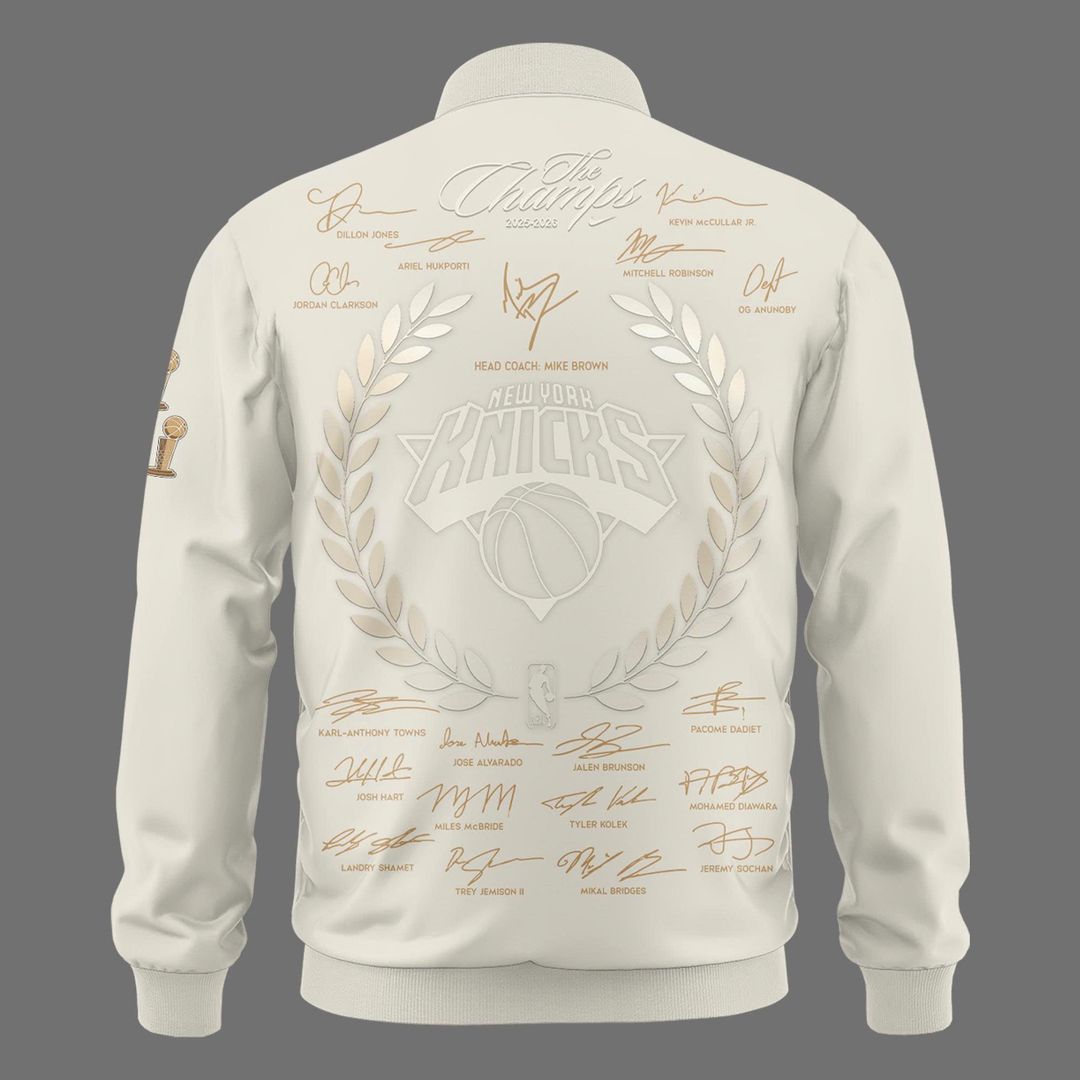 Exclusive New York Knicks 2026 NBA Finals Champions Standard Issue Full-Zip Jacket Team Signatures Print - Cream