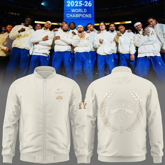 Exclusive New York Knicks 2026 NBA Finals Champions Standard Issue Full-Zip Jacket Team Signatures Print - Cream