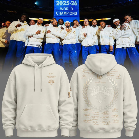 Limited edition New York Knicks 2026 NBA Finals Champions Standard Issue Full-Hoodie Team Signatures Print - Cream