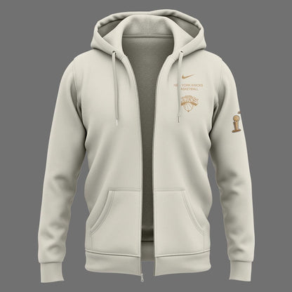Exclusive New York Knicks 2026 NBA Finals Champions Standard Issue Full-Zip Hoodie Team Signatures Print - Cream