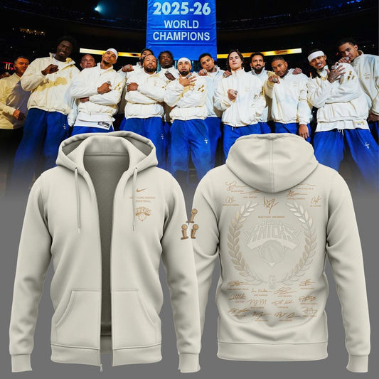 Exclusive New York Knicks 2026 NBA Finals Champions Standard Issue Full-Zip Hoodie Team Signatures Print - Cream