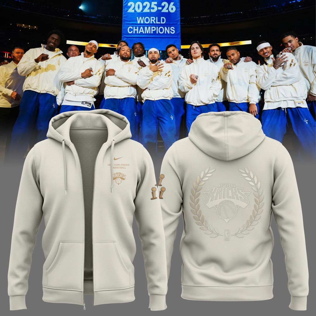 Exclusive New York Knicks 2026 NBA Finals Champions Standard Issue Full-Zip Hoodie Team Signatures Print - Cream