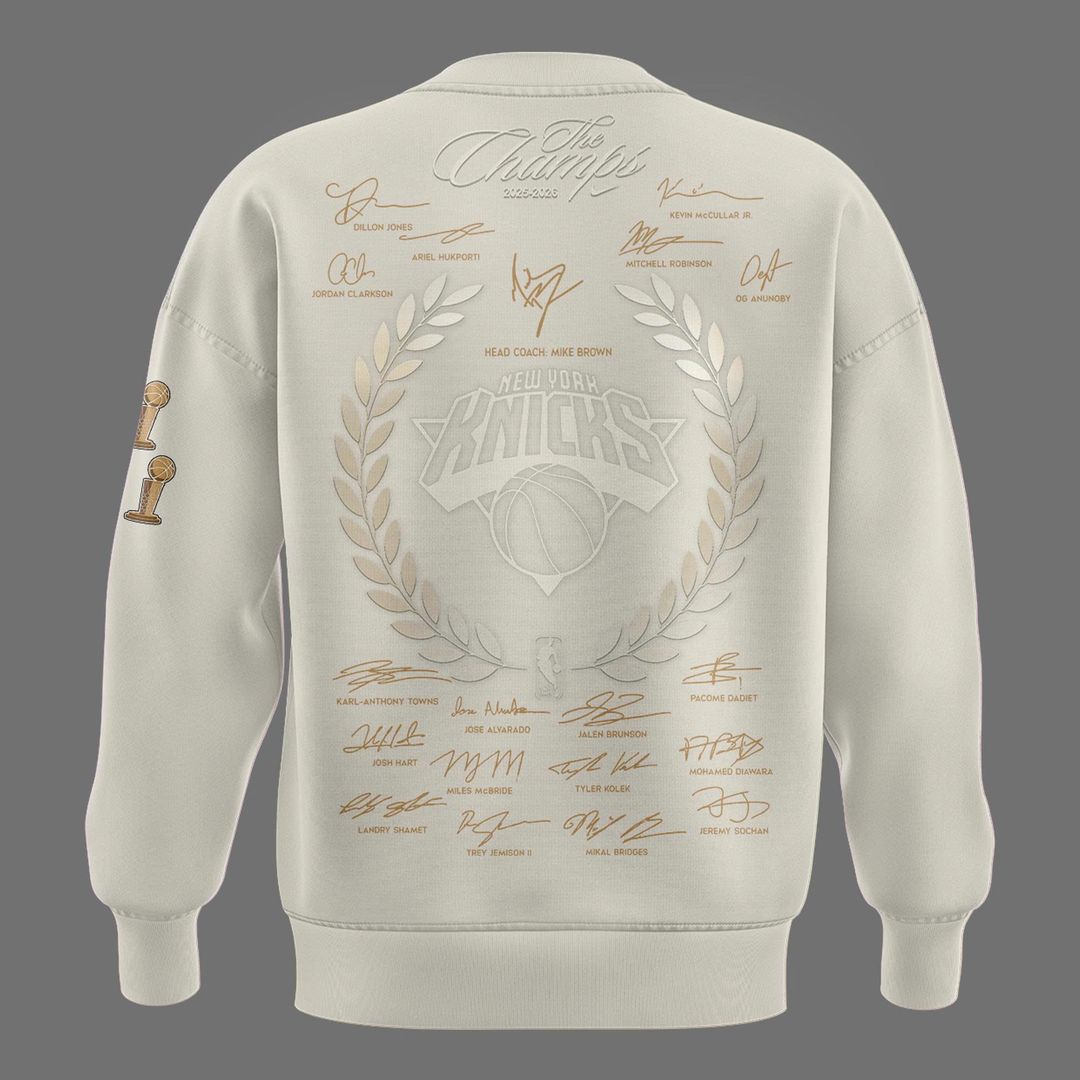 Limited edition New York Knicks 2026 NBA Finals Champions Standard Issue Full-Sweatshirt Team Signatures Print - Cream
