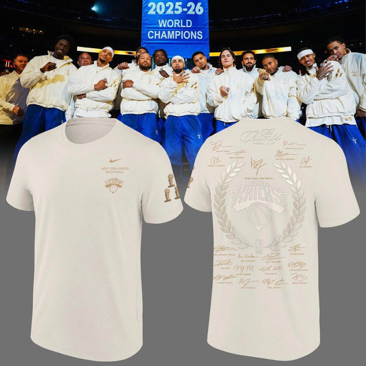 Limited edition New York Knicks 2026 NBA Finals Champions Standard Issue Full-Tee Team Signatures Print - Cream