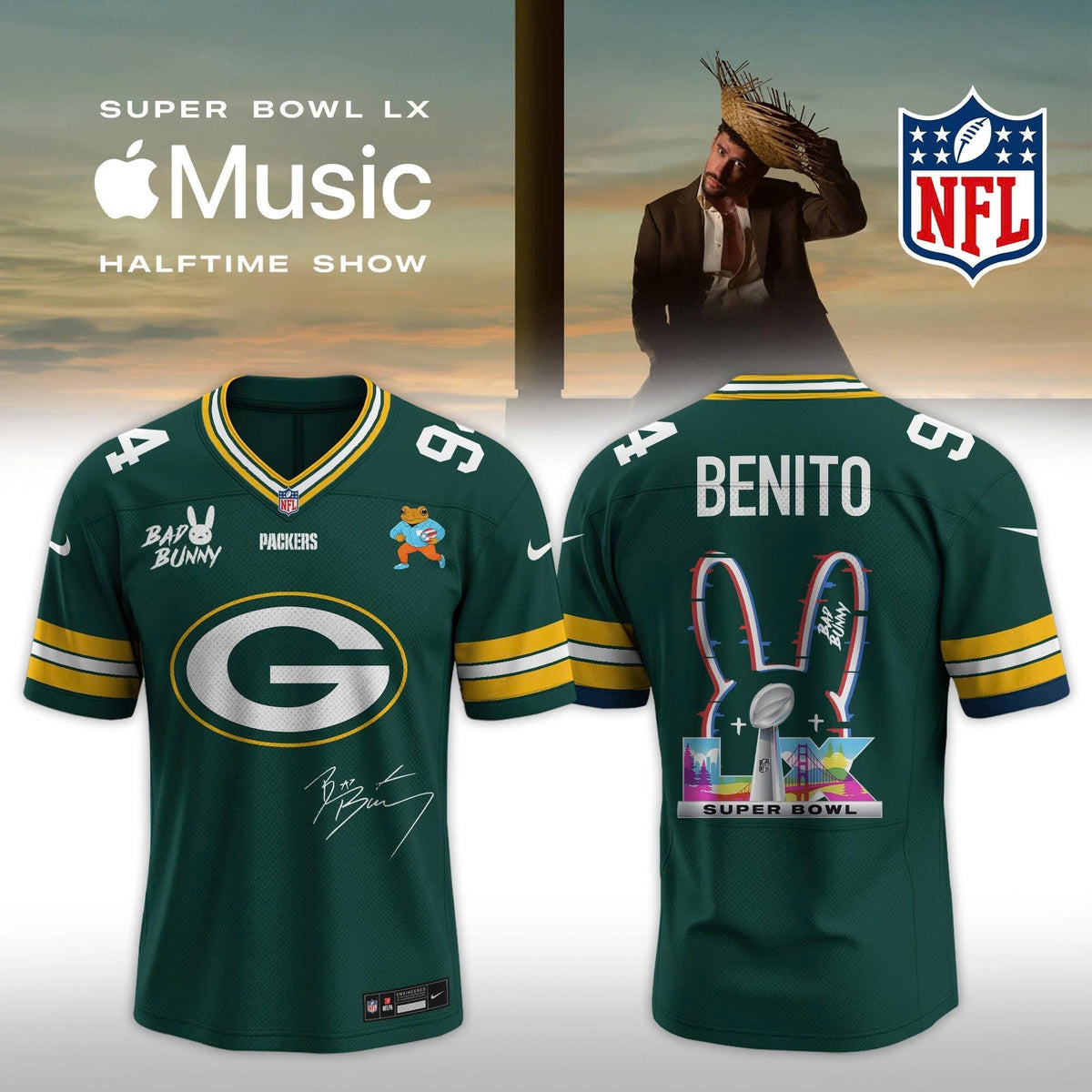 Green Bay Packers Bad Bunny 2026 Super Bowl LX Customized Jersey